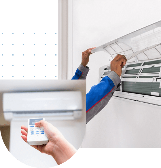 A collage of Technician Checking Air Conditioner and Close up view of the hand operating the air conditioner remote control